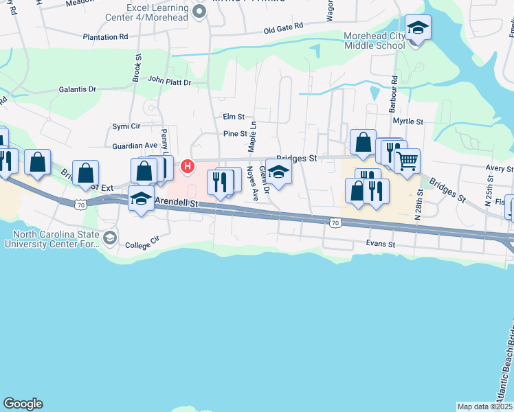 map of restaurants, bars, coffee shops, grocery stores, and more near 3409 Taylor Street in Morehead City