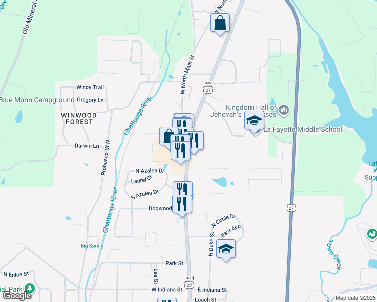 map of restaurants, bars, coffee shops, grocery stores, and more near North Main Street in LaFayette