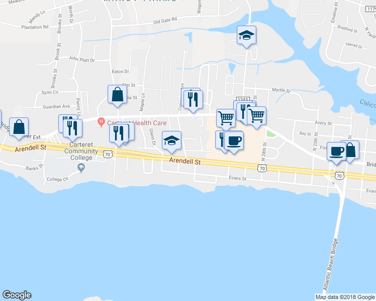 map of restaurants, bars, coffee shops, grocery stores, and more near 840 Crystal Oaks Lane in Morehead City