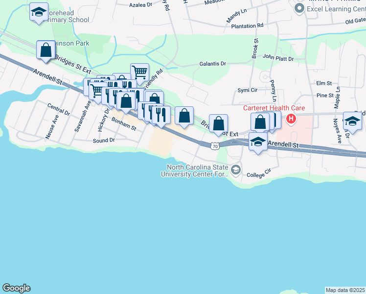 map of restaurants, bars, coffee shops, grocery stores, and more near 4008 Oak Street in Morehead City