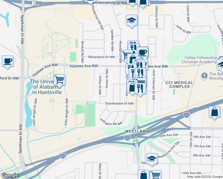 map of restaurants, bars, coffee shops, grocery stores, and more near 417 Ewing Street Northwest in Huntsville