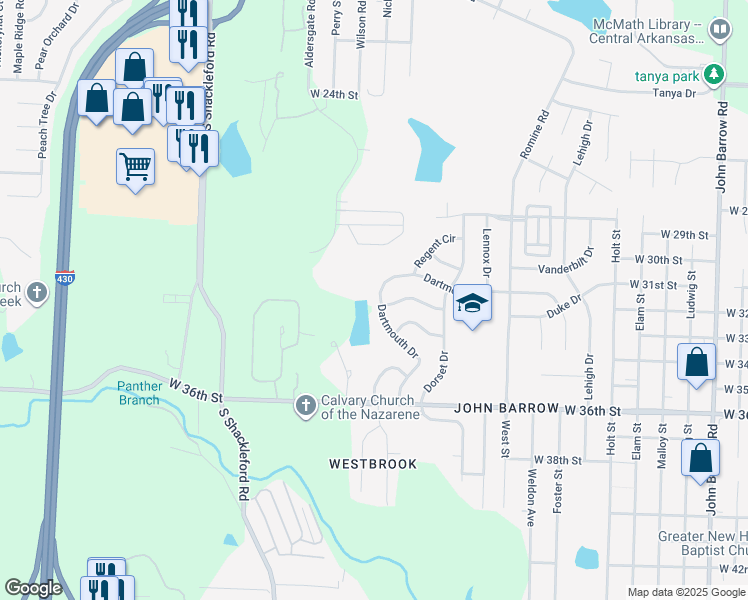 map of restaurants, bars, coffee shops, grocery stores, and more near 48 Dartmouth Drive in Little Rock