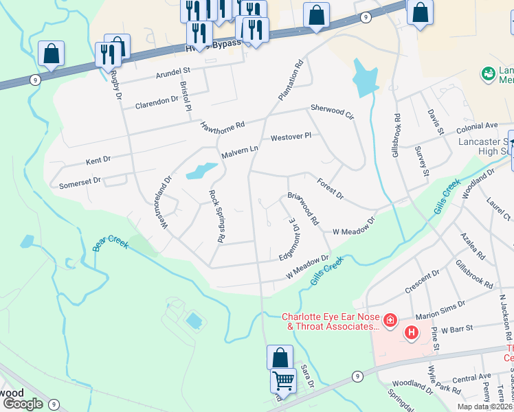 map of restaurants, bars, coffee shops, grocery stores, and more near 553 Briarwood Lane in Lancaster