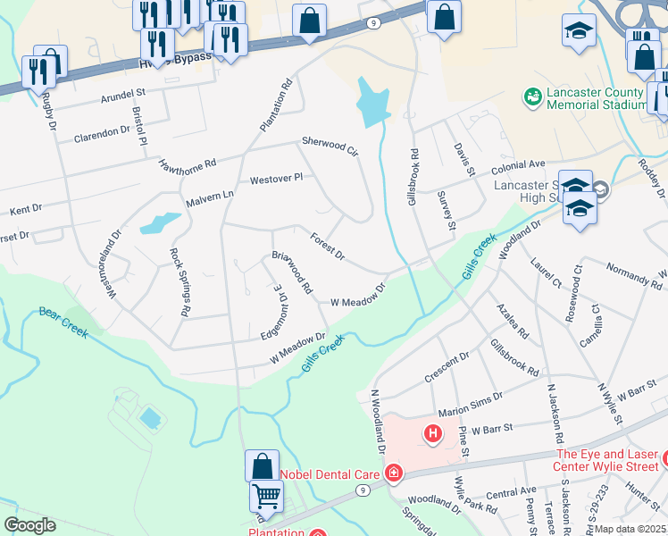 map of restaurants, bars, coffee shops, grocery stores, and more near 917 Forest Drive in Lancaster