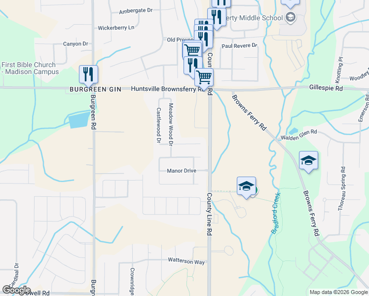 map of restaurants, bars, coffee shops, grocery stores, and more near 150 Castlewood Drive in Madison