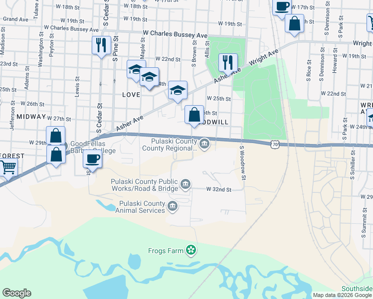 map of restaurants, bars, coffee shops, grocery stores, and more near 3323 W Roosevelt Rd in Little Rock