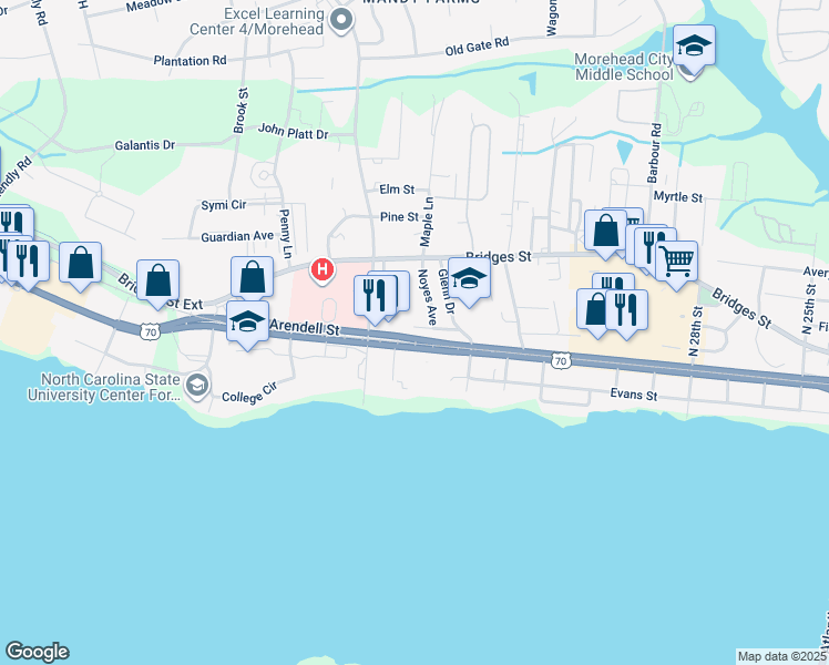 map of restaurants, bars, coffee shops, grocery stores, and more near 3415 Taylor Street in Morehead City