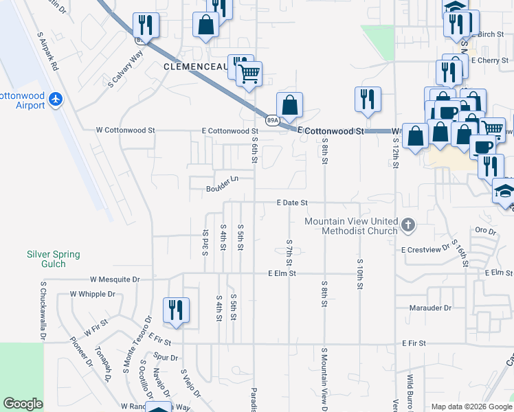 map of restaurants, bars, coffee shops, grocery stores, and more near 615 East Date Street in Cottonwood