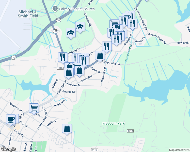 map of restaurants, bars, coffee shops, grocery stores, and more near 302 Jones Avenue in Beaufort