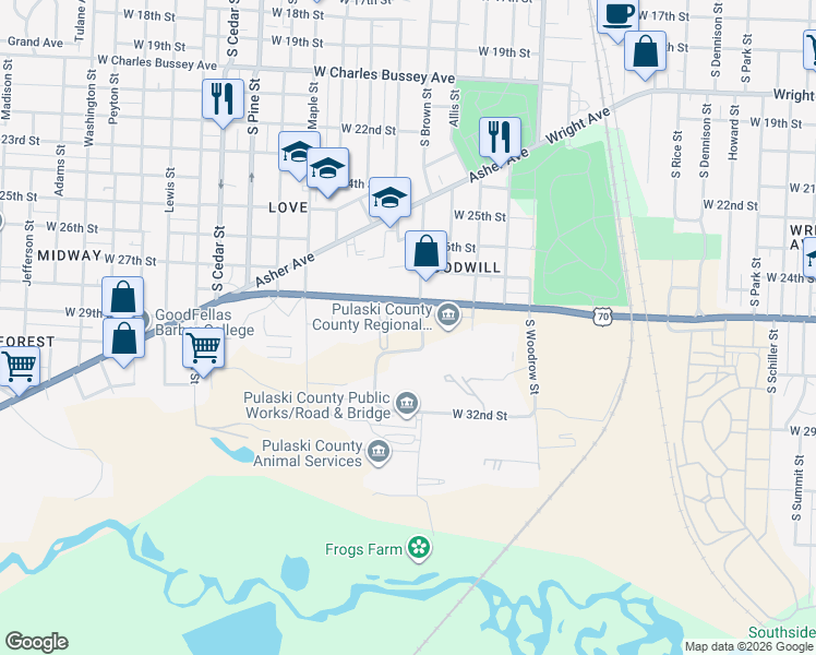 map of restaurants, bars, coffee shops, grocery stores, and more near 3323 W Roosevelt Rd in Little Rock