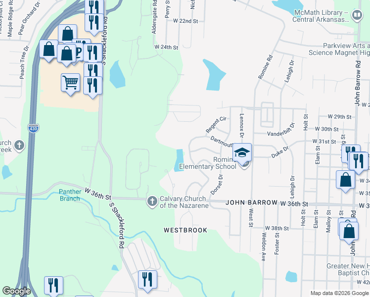 map of restaurants, bars, coffee shops, grocery stores, and more near 48 Dartmouth Drive in Little Rock