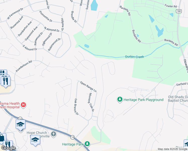 map of restaurants, bars, coffee shops, grocery stores, and more near 1027 Powderhorn Road in Simpsonville