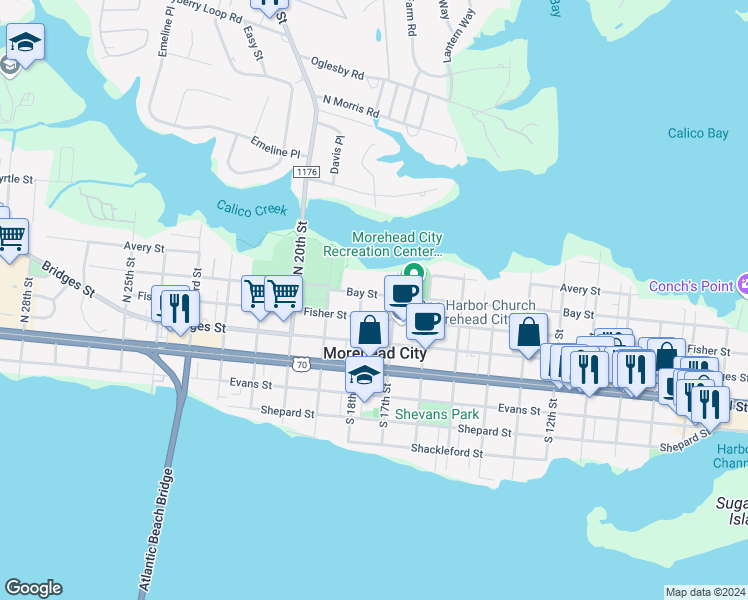 map of restaurants, bars, coffee shops, grocery stores, and more near 1709 Bay Street in Morehead City