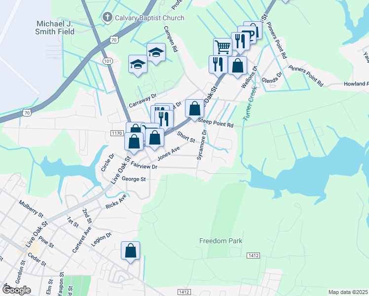 map of restaurants, bars, coffee shops, grocery stores, and more near 302 Jones Avenue in Beaufort