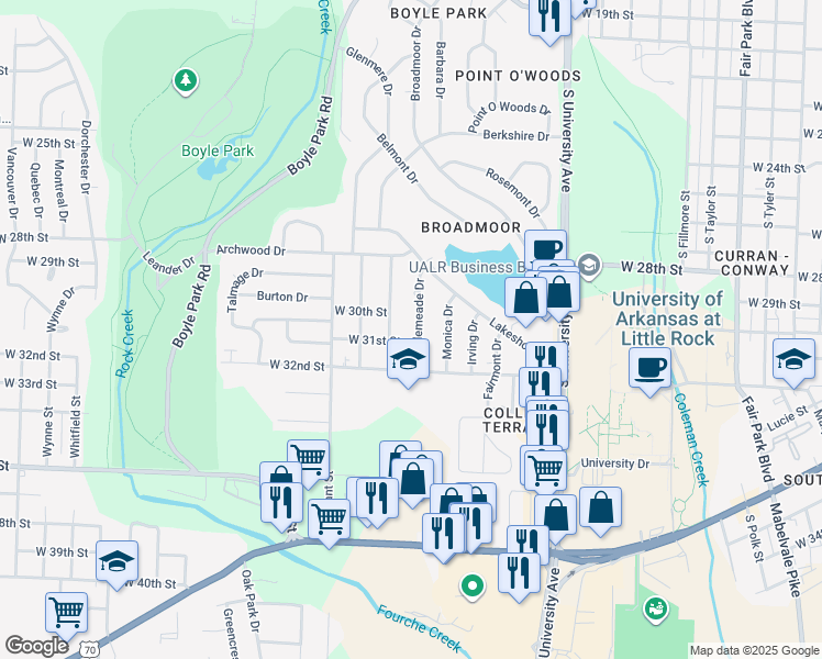 map of restaurants, bars, coffee shops, grocery stores, and more near 21 Bellemeade Drive in Little Rock
