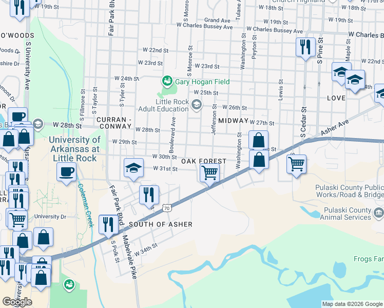 map of restaurants, bars, coffee shops, grocery stores, and more near 4808 West 30th Street in Little Rock
