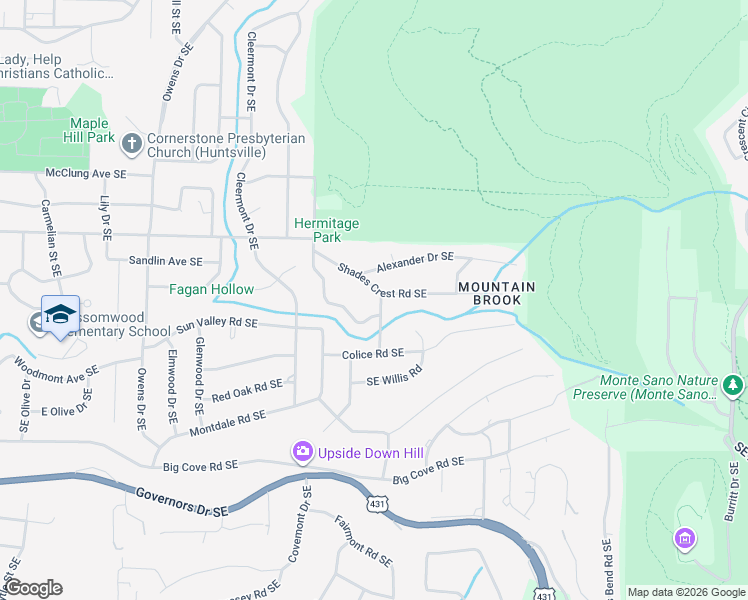 map of restaurants, bars, coffee shops, grocery stores, and more near 1400 Darnell Street Southeast in Huntsville