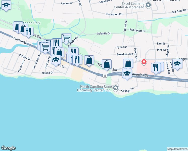 map of restaurants, bars, coffee shops, grocery stores, and more near 4003 Arendell Street in Morehead City
