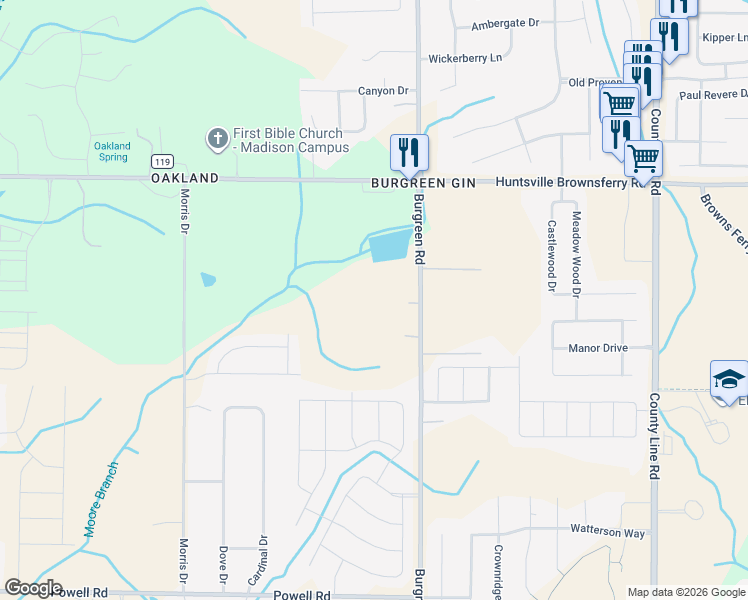 map of restaurants, bars, coffee shops, grocery stores, and more near 11685 Burgreen Road in Madison
