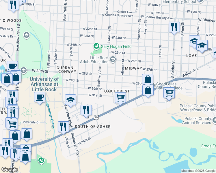 map of restaurants, bars, coffee shops, grocery stores, and more near 4808 West 30th Street in Little Rock