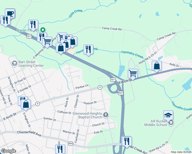 map of restaurants, bars, coffee shops, grocery stores, and more near 790 Lancaster Bypass East in Lancaster
