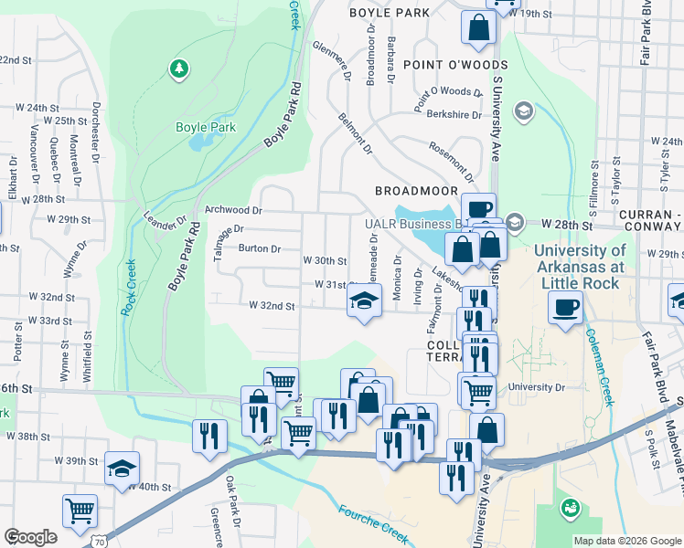 map of restaurants, bars, coffee shops, grocery stores, and more near 3016 Alameda Drive in Little Rock