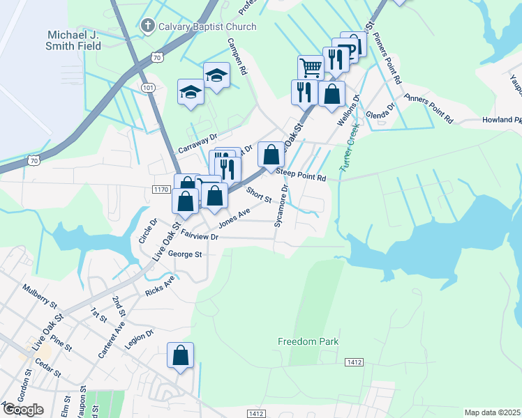map of restaurants, bars, coffee shops, grocery stores, and more near 304 Jones Avenue in Beaufort