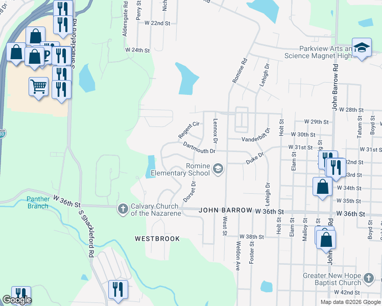 map of restaurants, bars, coffee shops, grocery stores, and more near 3120 Dorset Drive in Little Rock