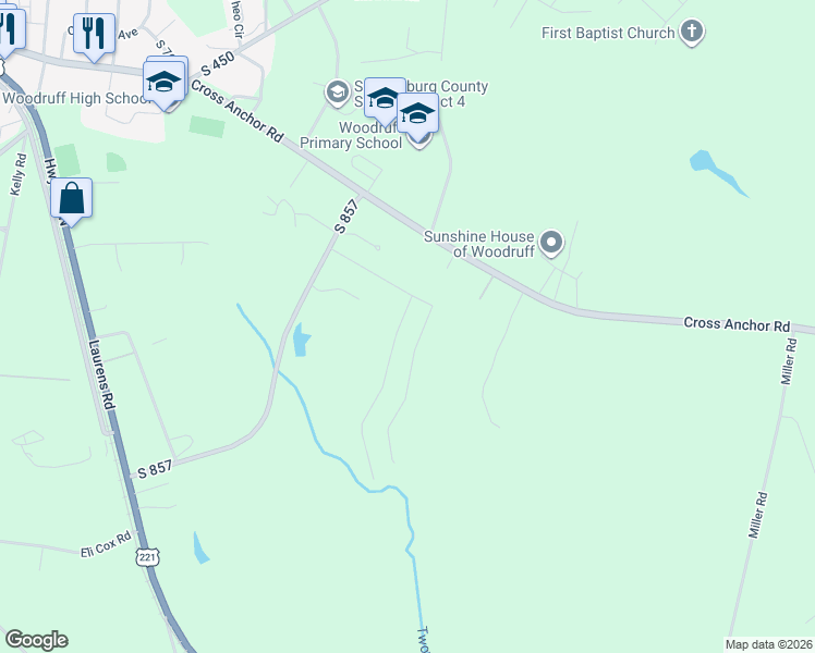 map of restaurants, bars, coffee shops, grocery stores, and more near 117 Old Timber Road in Woodruff