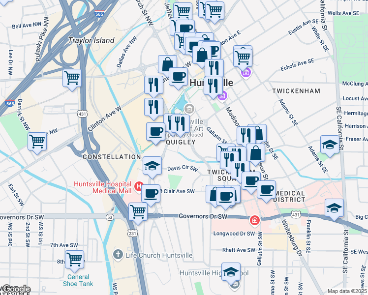 map of restaurants, bars, coffee shops, grocery stores, and more near in Huntsville
