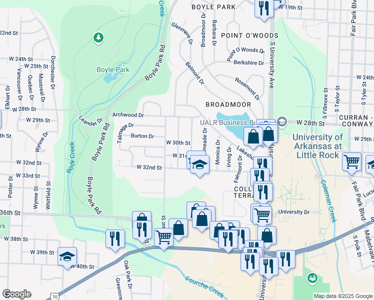map of restaurants, bars, coffee shops, grocery stores, and more near 3016 Alameda Drive in Little Rock