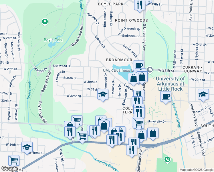 map of restaurants, bars, coffee shops, grocery stores, and more near 21 Bellemeade Drive in Little Rock