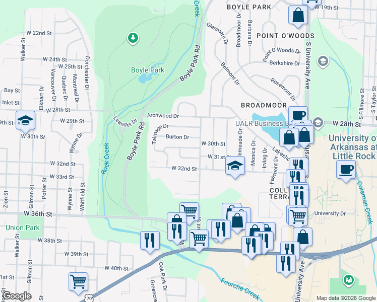 map of restaurants, bars, coffee shops, grocery stores, and more near 6817 Gingerbread Ln in Little Rock
