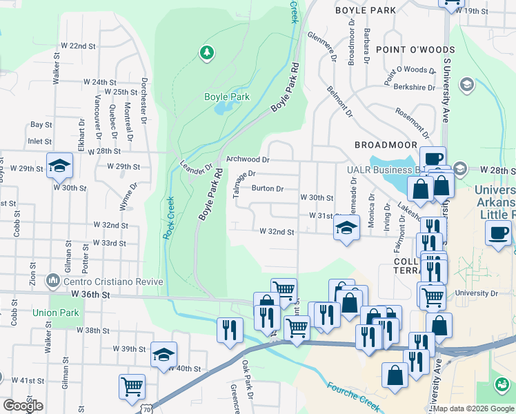 map of restaurants, bars, coffee shops, grocery stores, and more near 7007 Gingerbread Lane in Little Rock