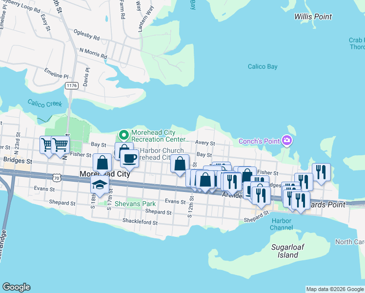 map of restaurants, bars, coffee shops, grocery stores, and more near 404 North 13th Street in Morehead City