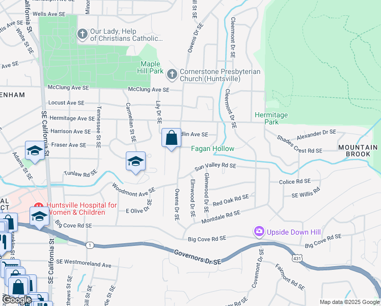 map of restaurants, bars, coffee shops, grocery stores, and more near 1704 Ballard Drive Southeast in Huntsville
