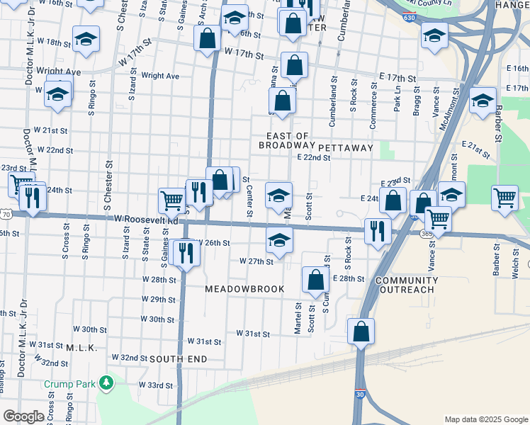 map of restaurants, bars, coffee shops, grocery stores, and more near 2428 South Louisiana Street in Little Rock
