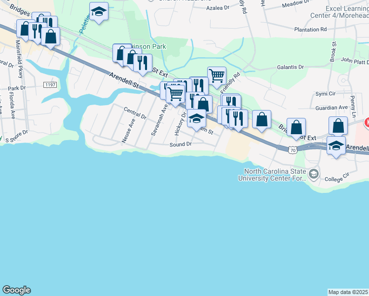 map of restaurants, bars, coffee shops, grocery stores, and more near 4121 Sound Drive in Morehead City