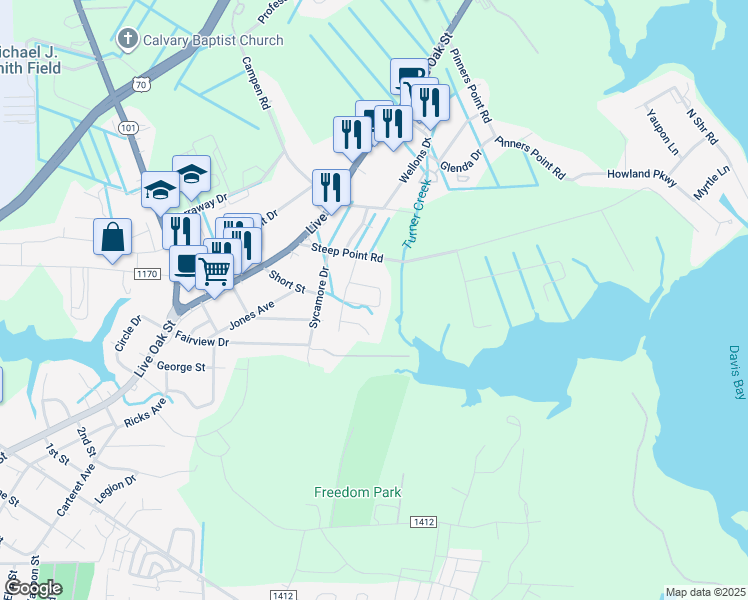 map of restaurants, bars, coffee shops, grocery stores, and more near 120 Plantation Circle in Beaufort