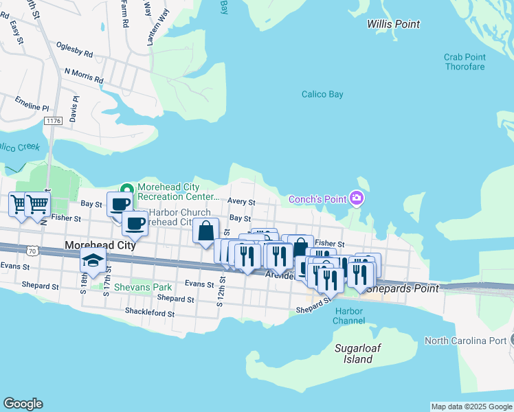 map of restaurants, bars, coffee shops, grocery stores, and more near 408 North 11th Street in Morehead City