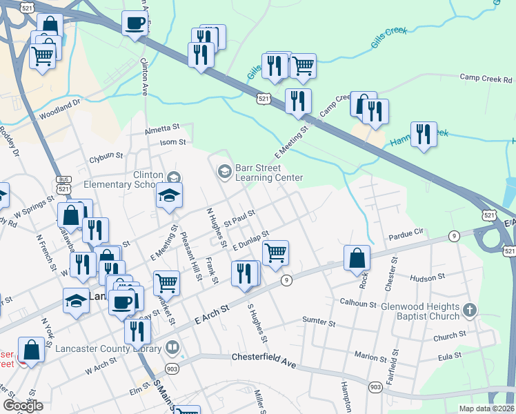 map of restaurants, bars, coffee shops, grocery stores, and more near 704 Saint Paul Street in Lancaster