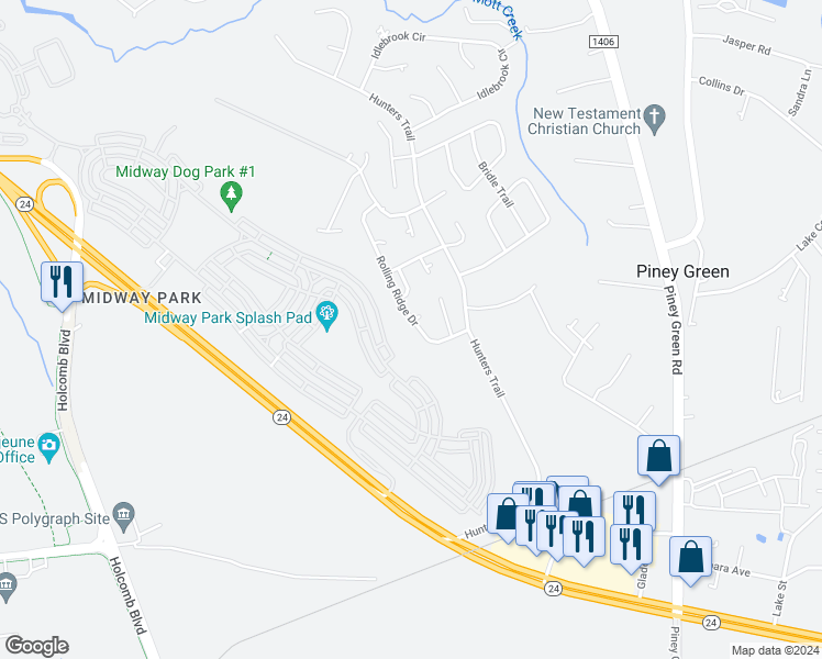 map of restaurants, bars, coffee shops, grocery stores, and more near 1927 Rolling Ridge Drive in Piney Green