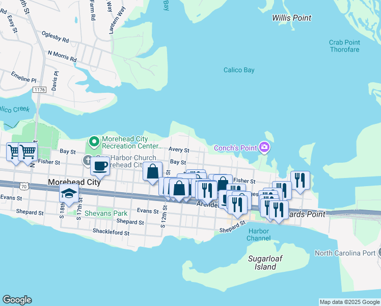 map of restaurants, bars, coffee shops, grocery stores, and more near 408 North 11th Street in Morehead City