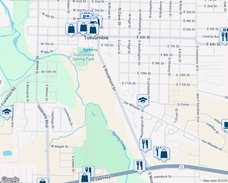 map of restaurants, bars, coffee shops, grocery stores, and more near 742-1272 South Woodmont Drive in Tuscumbia