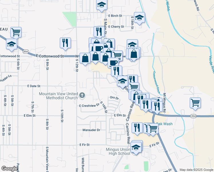 map of restaurants, bars, coffee shops, grocery stores, and more near 1625 East Skyline Drive in Cottonwood