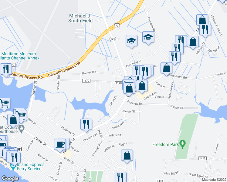 map of restaurants, bars, coffee shops, grocery stores, and more near 116 Crystal Pines Court in Beaufort