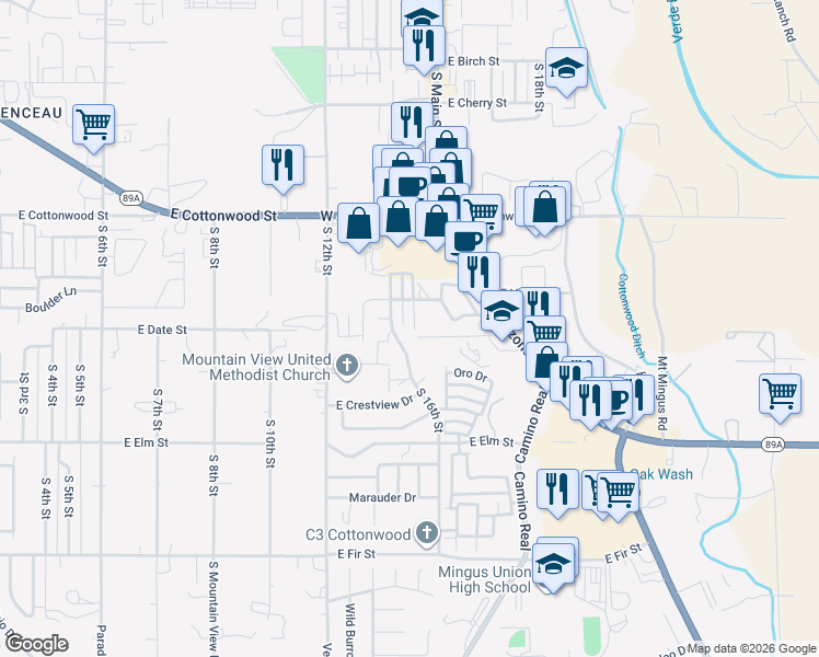 map of restaurants, bars, coffee shops, grocery stores, and more near 757 Skyview Ln in Cottonwood