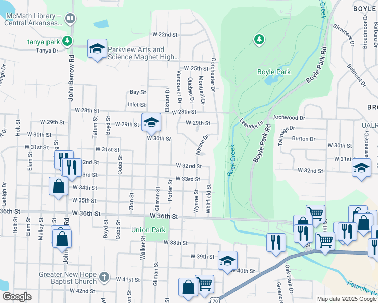 map of restaurants, bars, coffee shops, grocery stores, and more near 7 Utica Lane in Little Rock