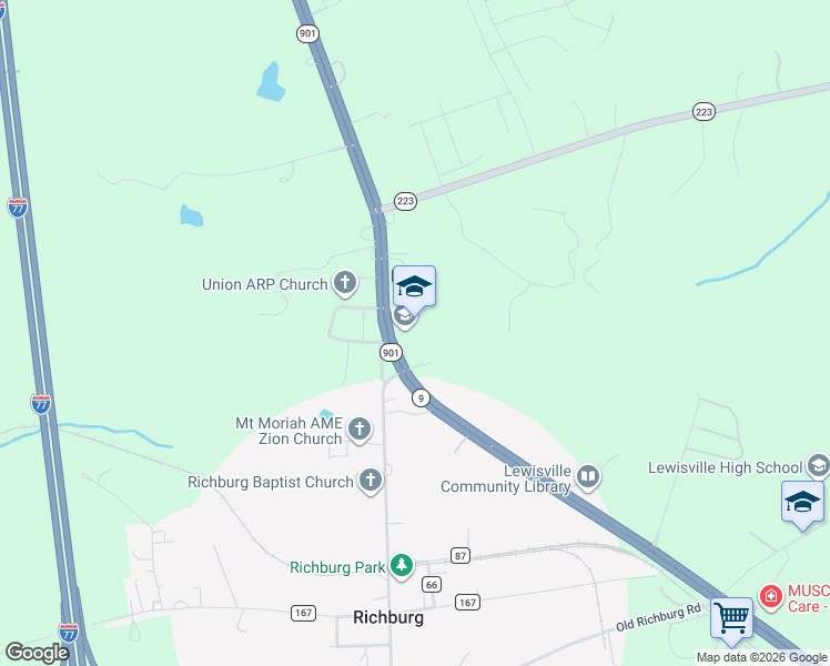 map of restaurants, bars, coffee shops, grocery stores, and more near 3595 Lancaster Highway in Richburg