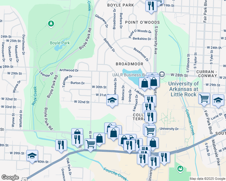 map of restaurants, bars, coffee shops, grocery stores, and more near 21 Bellemeade Drive in Little Rock